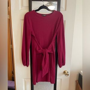 Chic Long Sleeve Burgundy Dress with Waist Tie